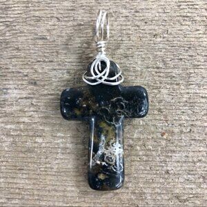 Onyx w/ Fossil Inclusion Silver Wrapped Necklace Pendant